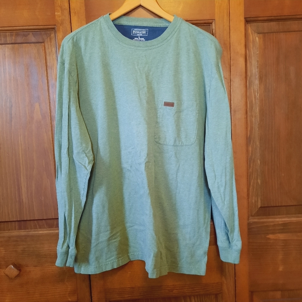 Pendleton 100% Cotton Marled Sage Green Long Sleeve Chest Pocket T-shirt Size L